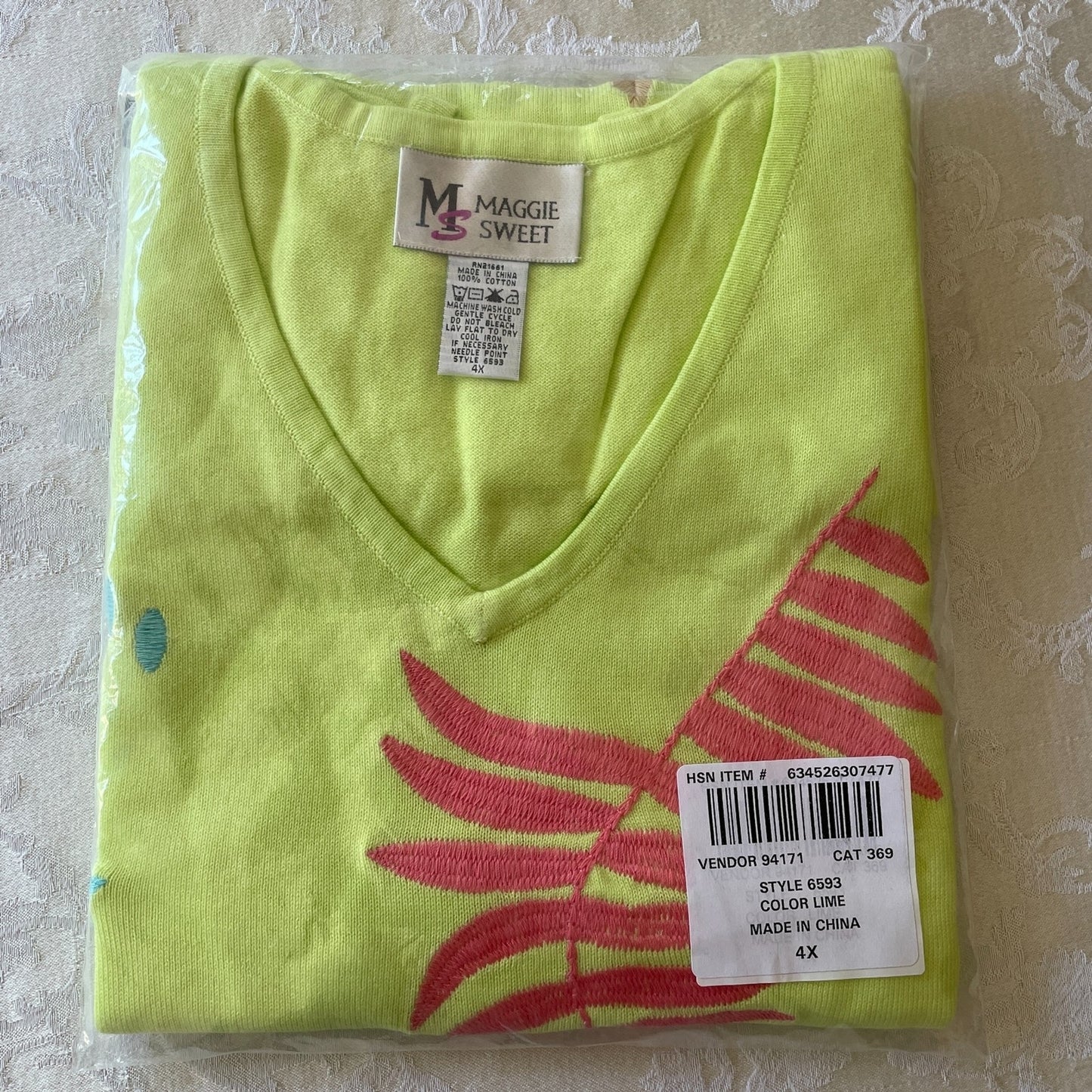 MAGGIE SWEET 100% Cotton Embroidered Lime Green Palm Trees Knit Tank, Size 4X8