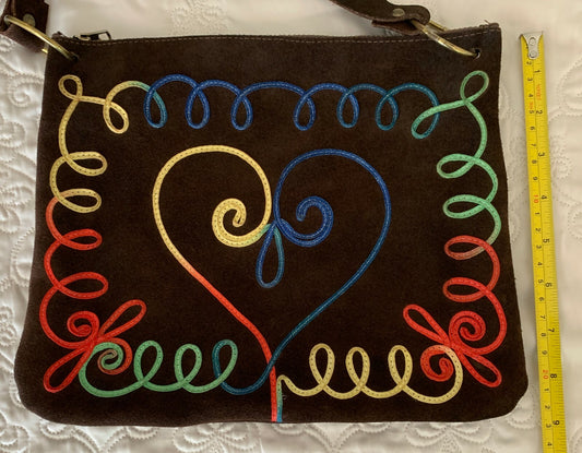 70's Vibe Groovy Brown Suede Medium Size Handbag with Vibrant Color Threading1