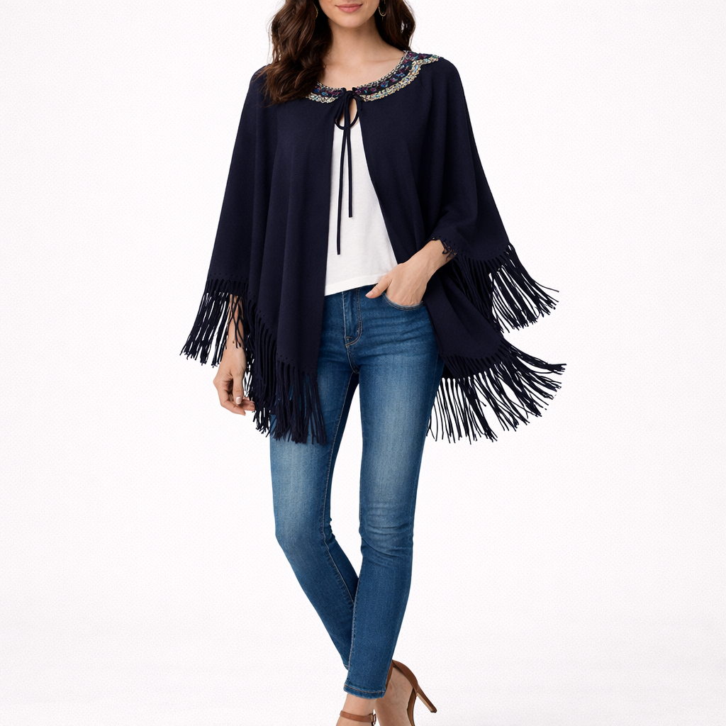 ALBERTO MAKALI Navy Blue Beaded Cape Poncho with Fringe – Size Medium
