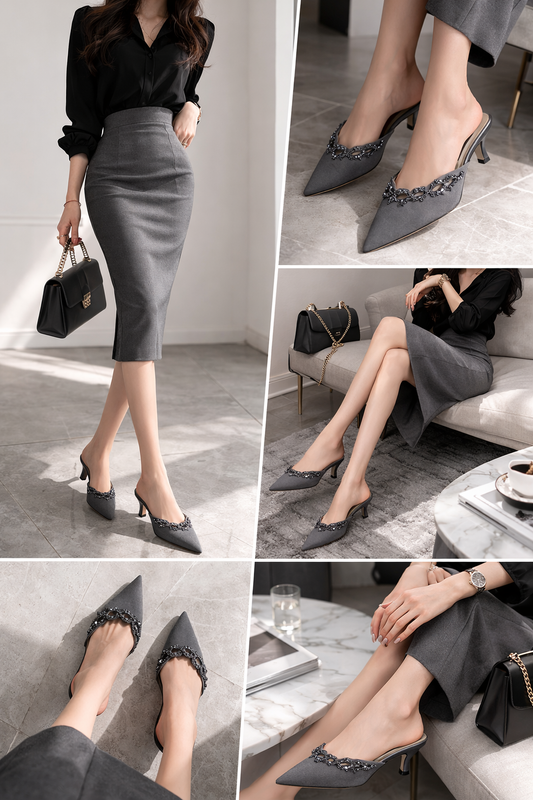 Ann Marino Dark Grey Leather & Satin Beaded Mules