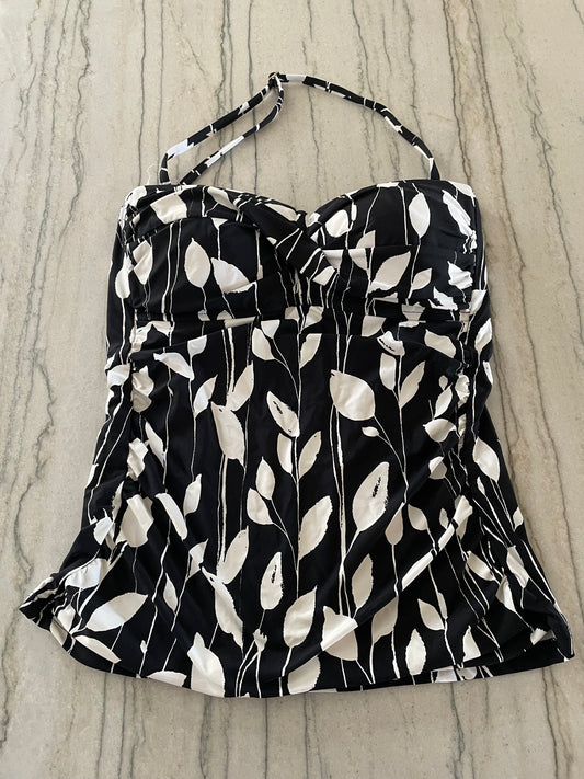 Anne Cole Black & White Leaf Print Halter Tankini Swim Top Twist Front - Size Small