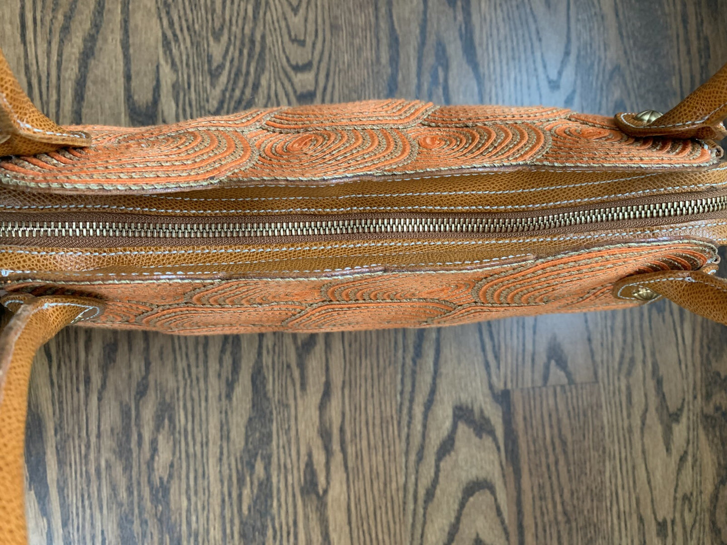 ERIC JAVITS Lil Circles Natural & Orange Scalloped Leather & Raffia Handbag11