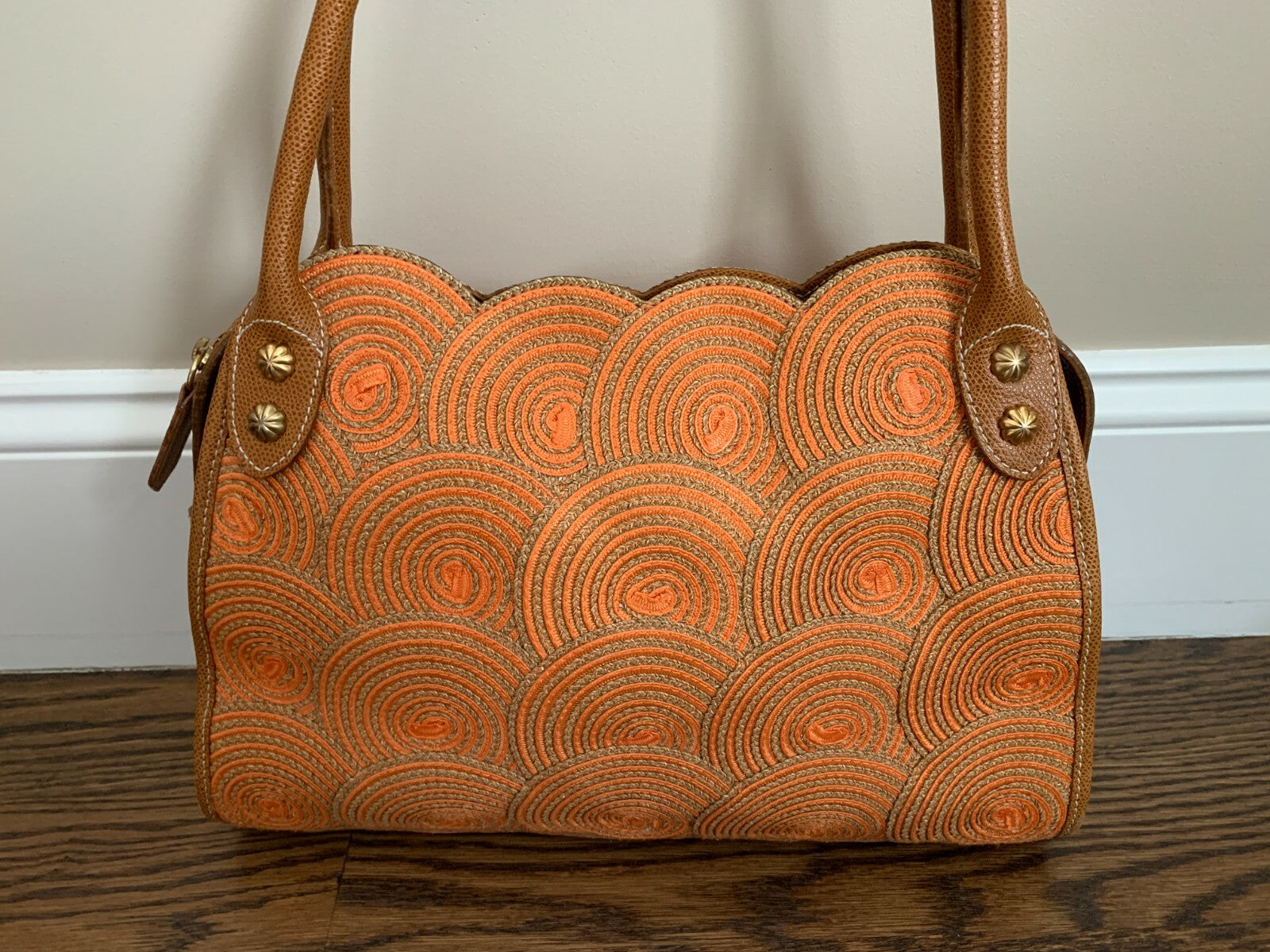 ERIC JAVITS Lil Circles Natural & Orange Scalloped Leather & Raffia Handbag2