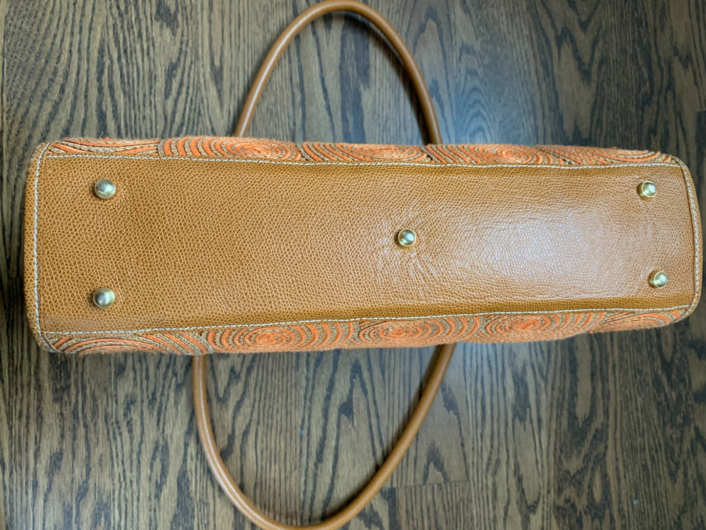 ERIC JAVITS Lil Circles Natural & Orange Scalloped Leather & Raffia Handbag10