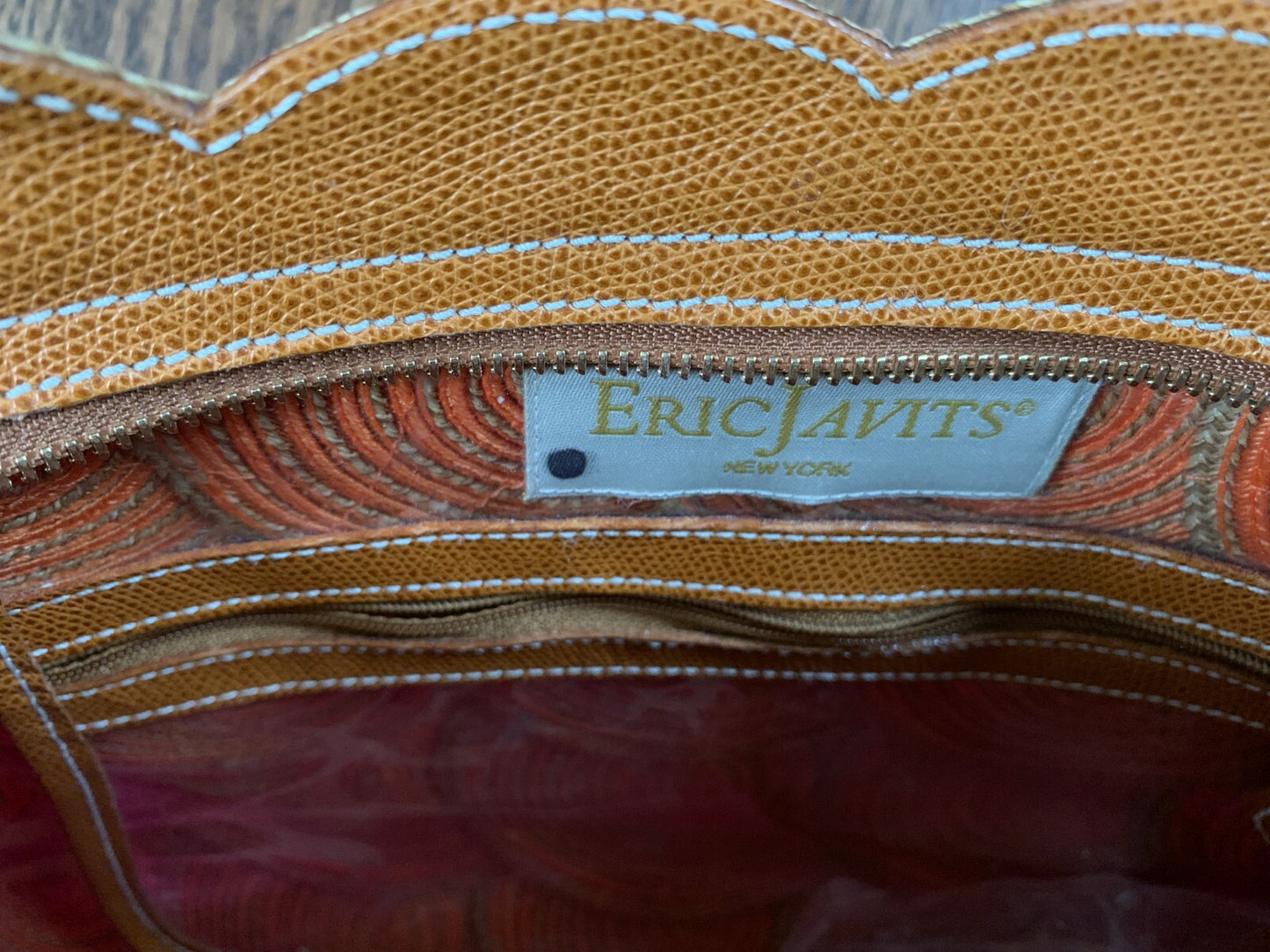 ERIC JAVITS Lil Circles Natural & Orange Scalloped Leather & Raffia Handbag9
