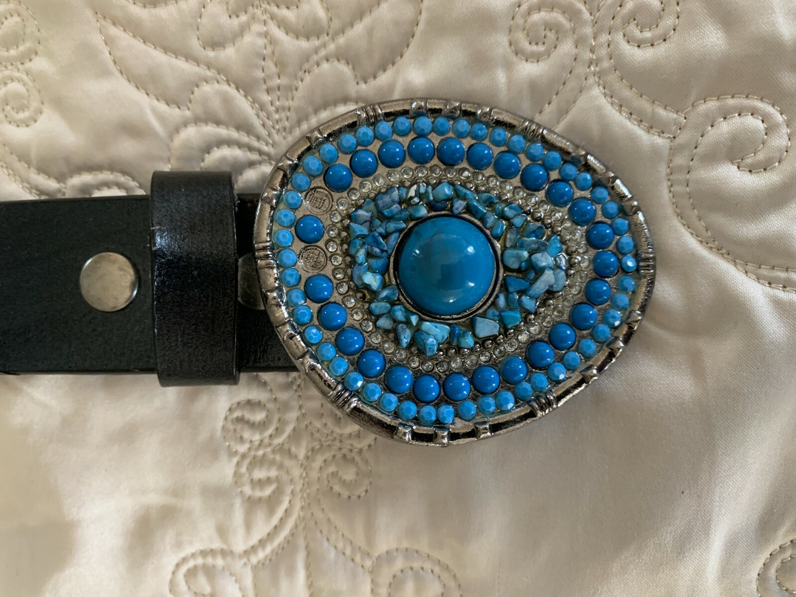 Blue Stone Buckle Black Leather Belt1
