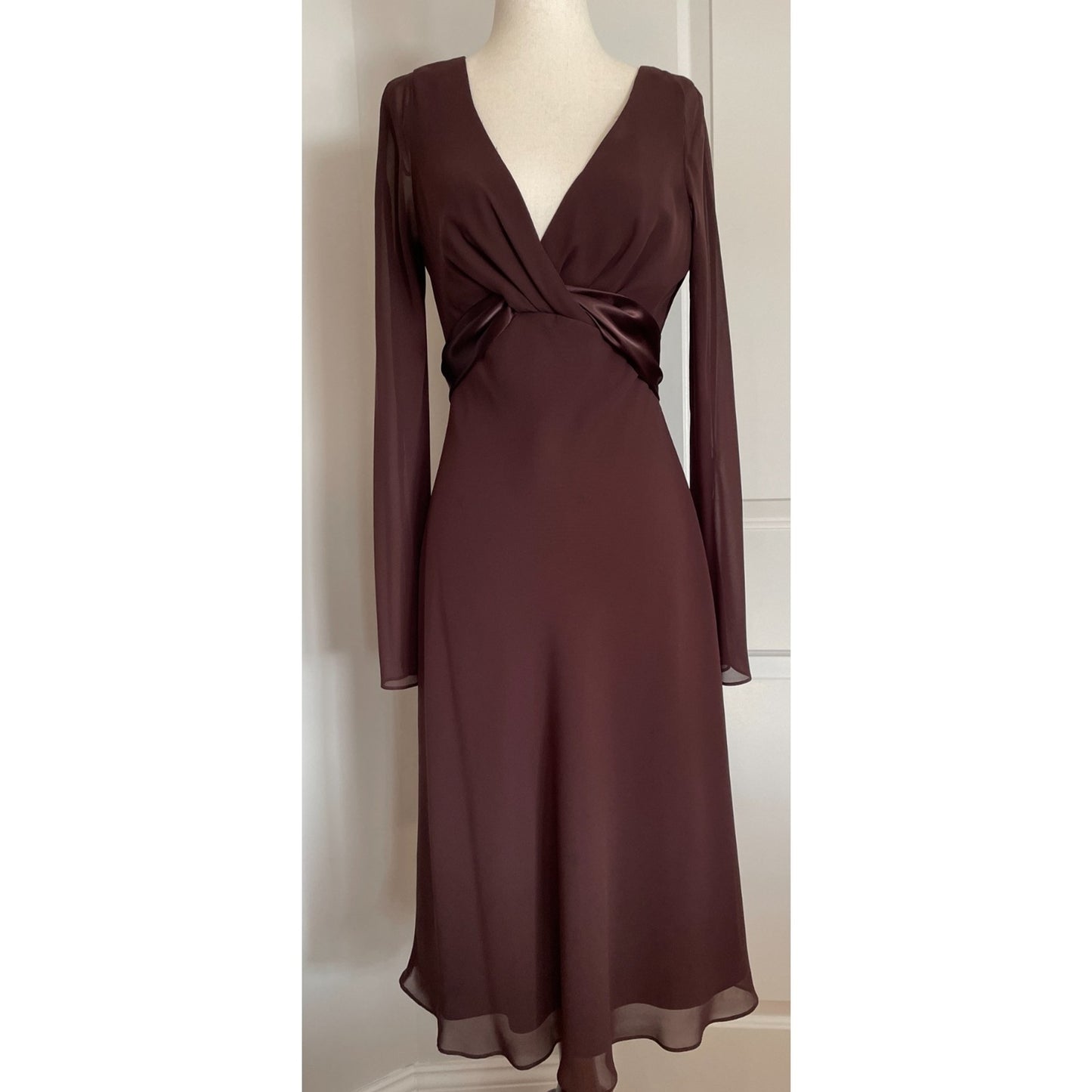 LIZ CLAIRBORNE Chocolate Brown Sheer Dress with Satin Sash Bow, Size 40