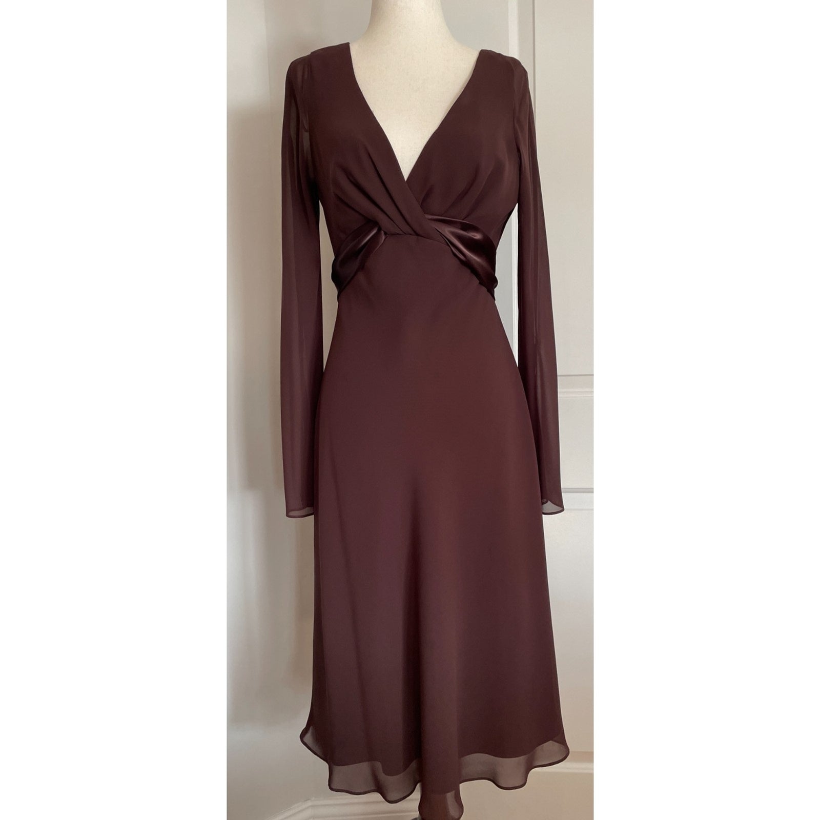 LIZ CLAIRBORNE Chocolate Brown Sheer Dress with Satin Sash Bow, Size 40