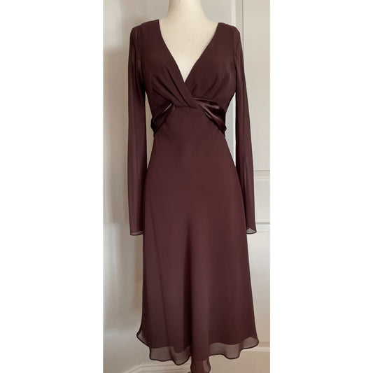 LIZ CLAIRBORNE Chocolate Brown Sheer Dress with Satin Sash Bow, Size 40