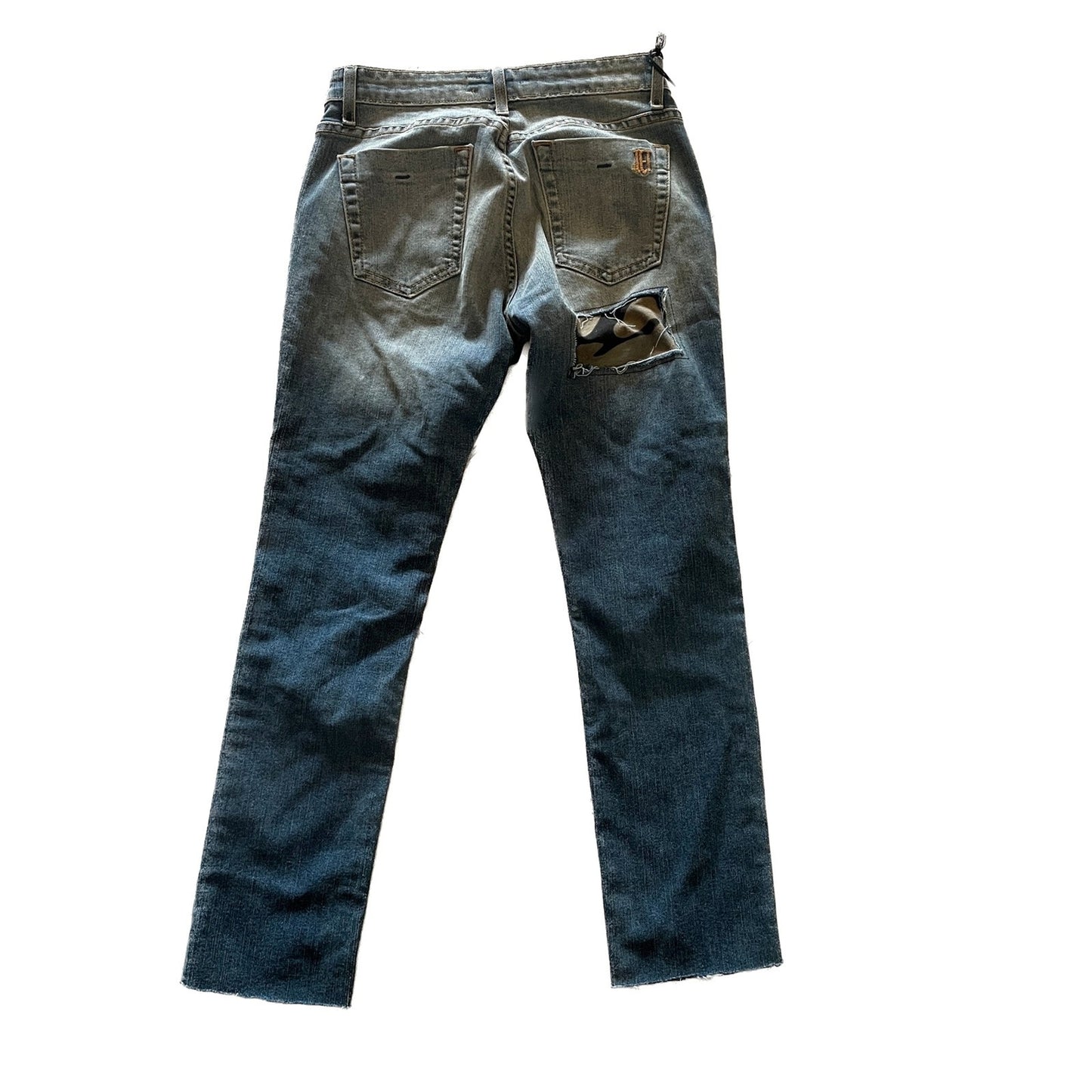JET John Eshaya New Medium Wash Denim Jeans, camouflage knees, Size 01