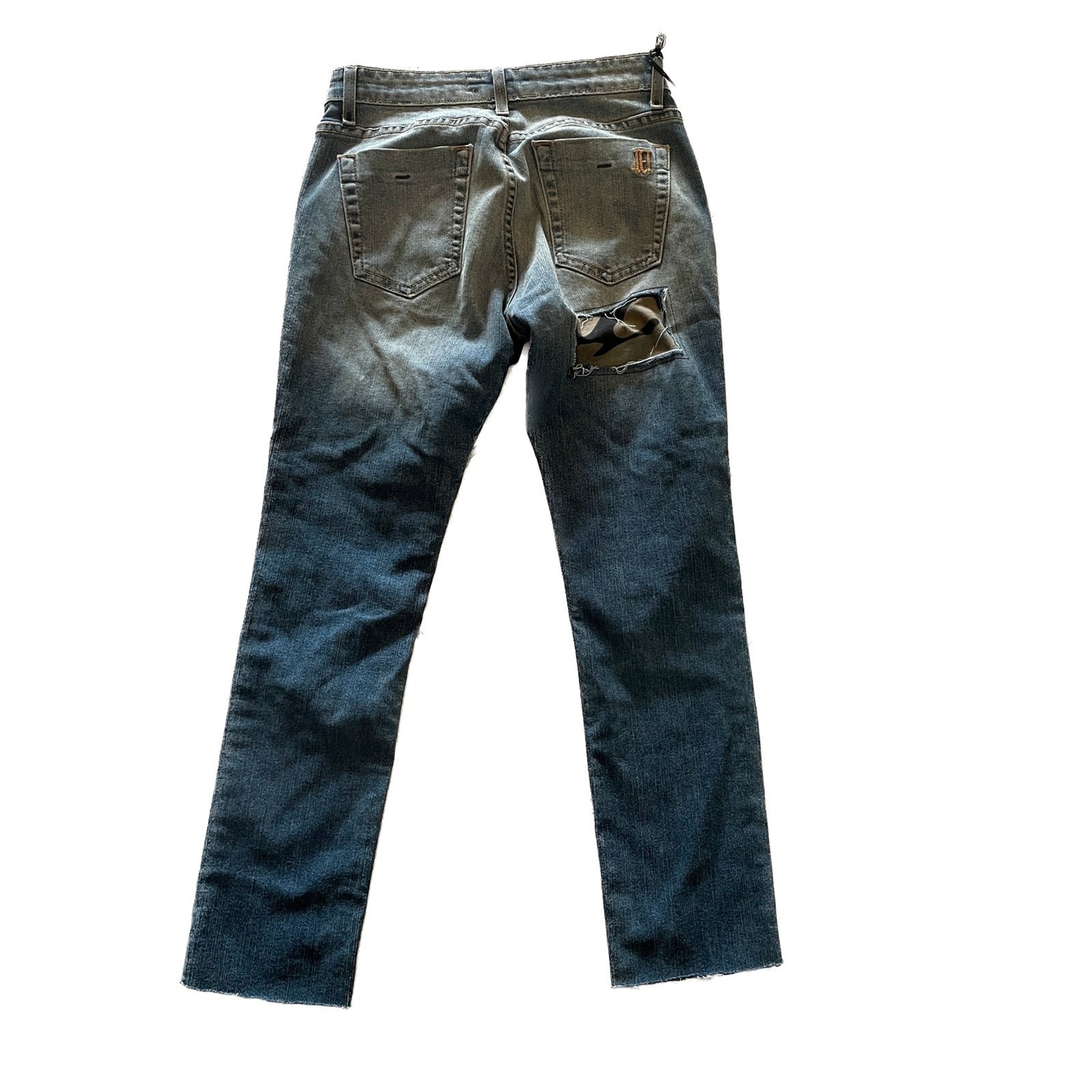 JET John Eshaya New Medium Wash Denim Jeans, camouflage knees, Size 01