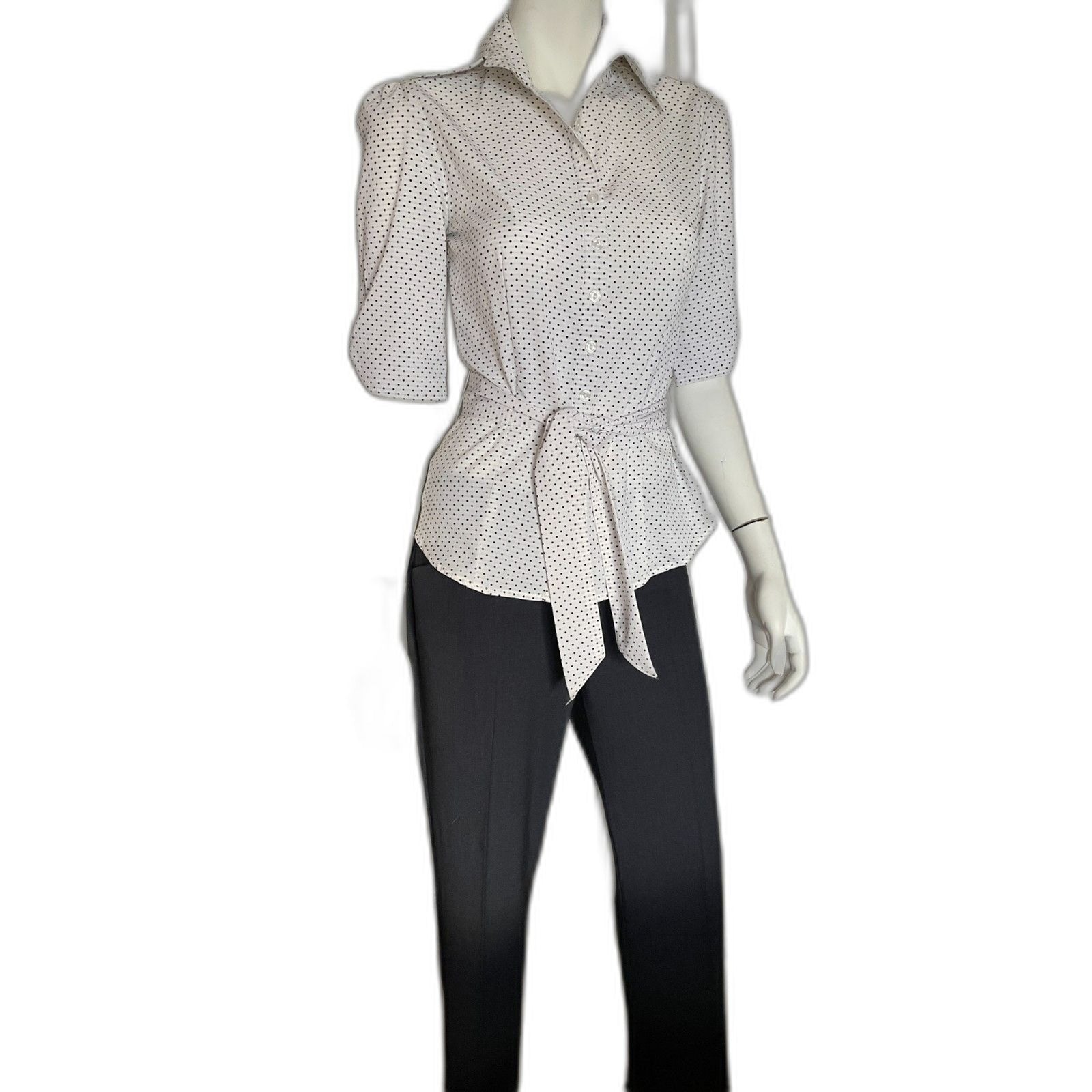 NINETY NWOT White & Black Polka Dot 3/4 Cinched Sleeve, Button Down, Size Small0