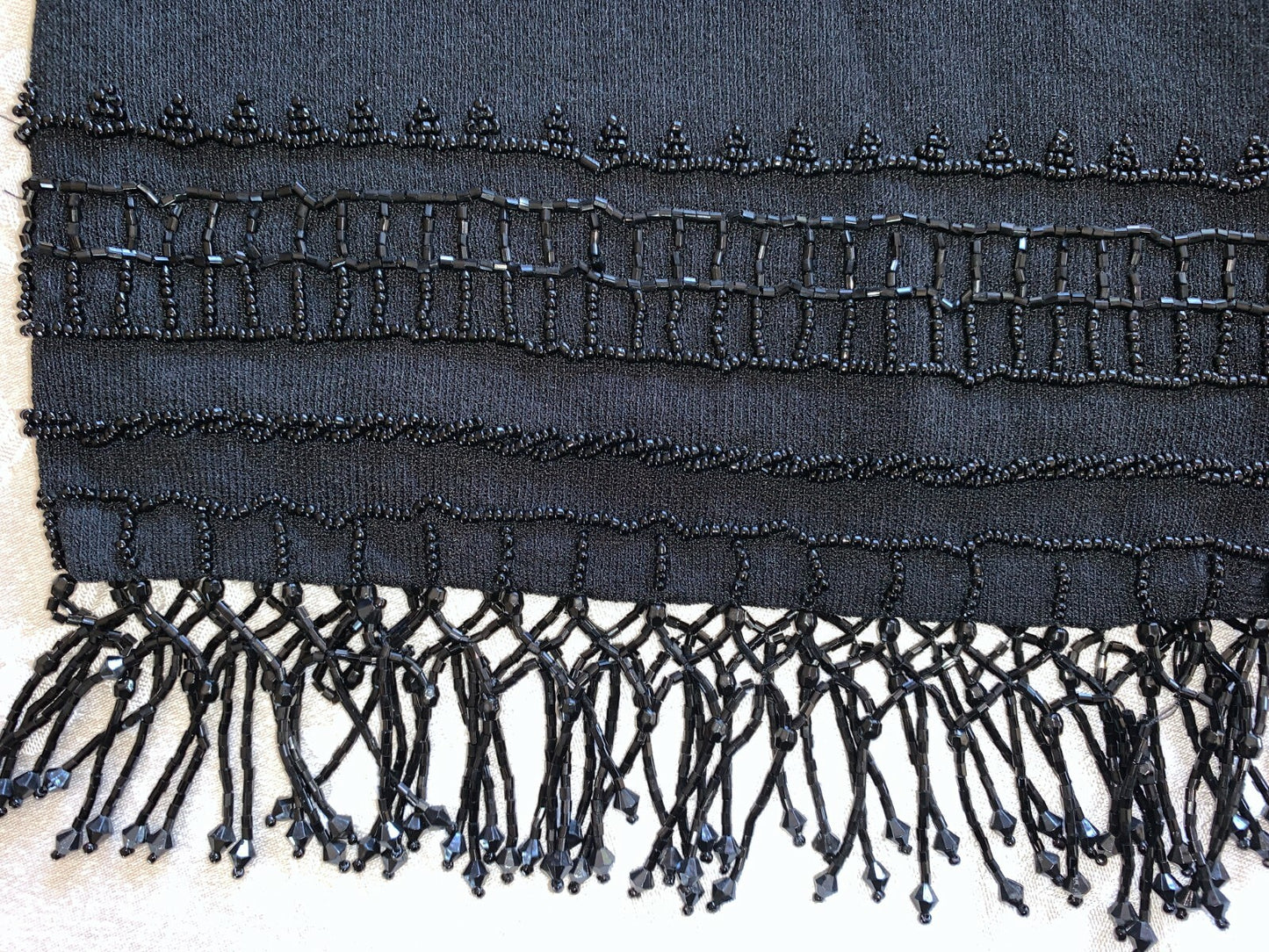 CHICO’S Black Dressy Vintage Cardigan Sweater with Black Beaded Fringe Trim2