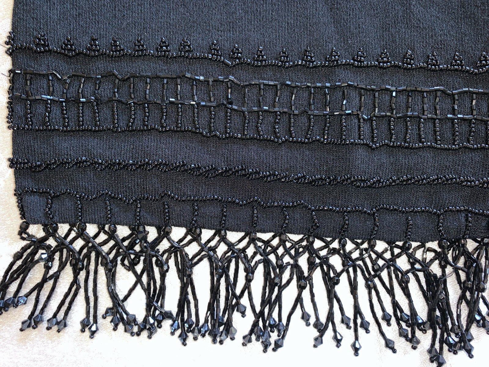 CHICO’S Black Dressy Vintage Cardigan Sweater with Black Beaded Fringe Trim2