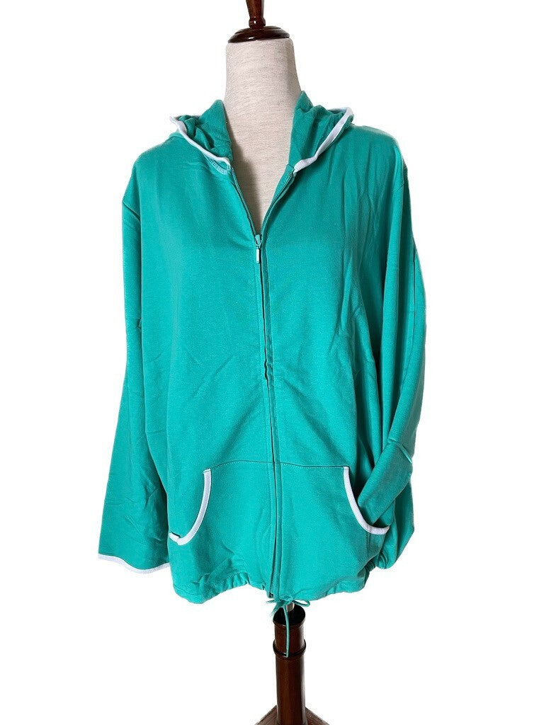 DENIM & CO New Jade Green % Cotton Hoodie w/White Trim and Pockets, Size 3X0