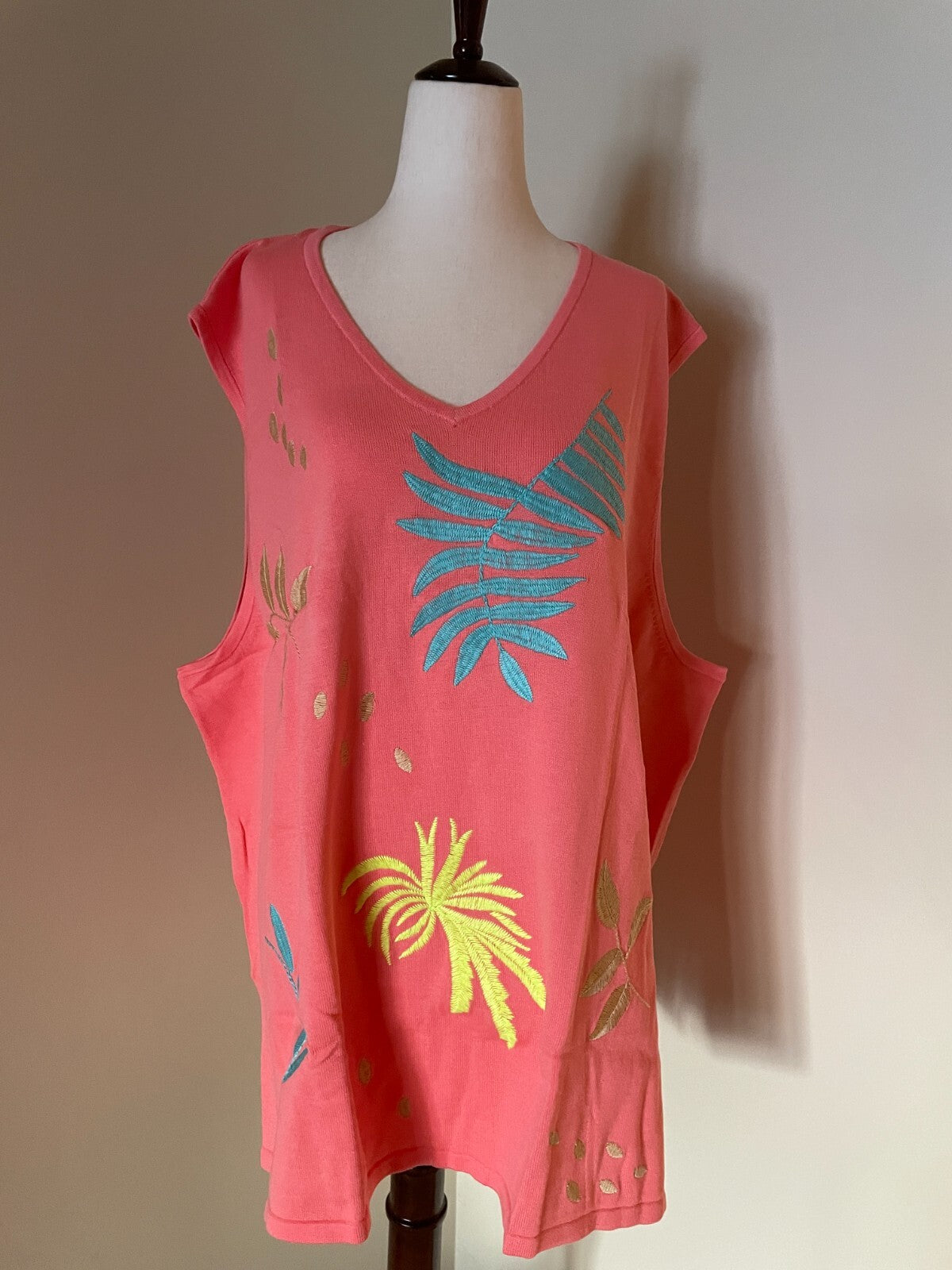 MAGGIE SWEET New 100% Cotton Embroidered Coral Palm Trees Knit Tank, Size 4X0
