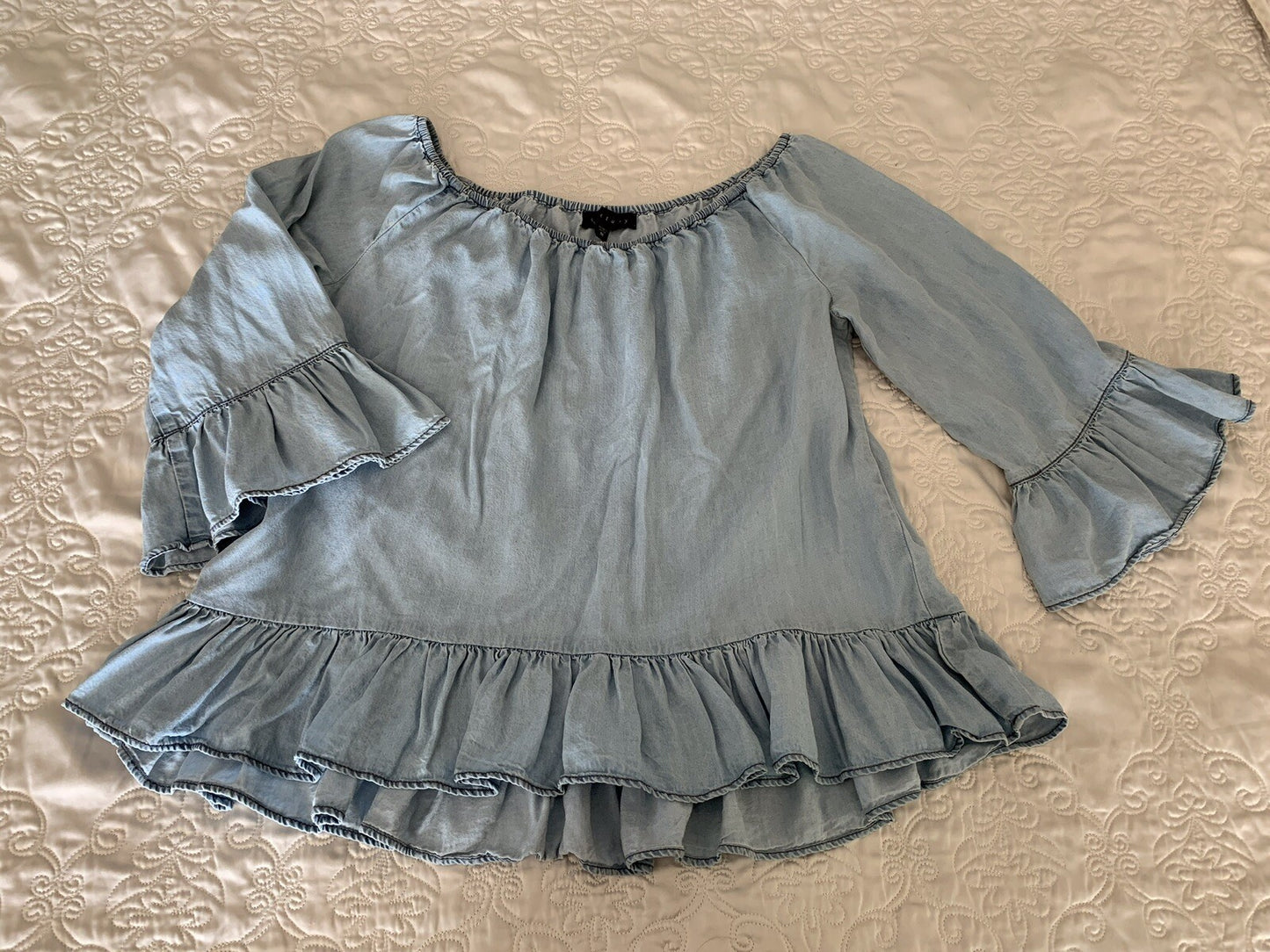 SANCTUARY Charlotte Blue Chambray Peasant-Style Top, Size M1