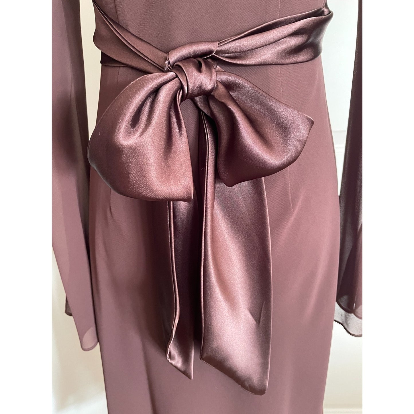LIZ CLAIRBORNE Chocolate Brown Sheer Dress with Satin Sash Bow, Size 45