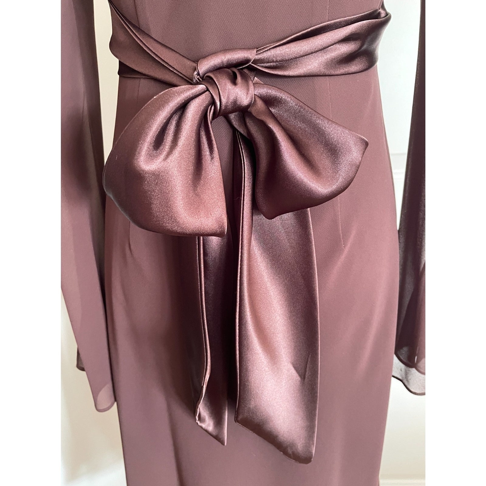LIZ CLAIRBORNE Chocolate Brown Sheer Dress with Satin Sash Bow, Size 45