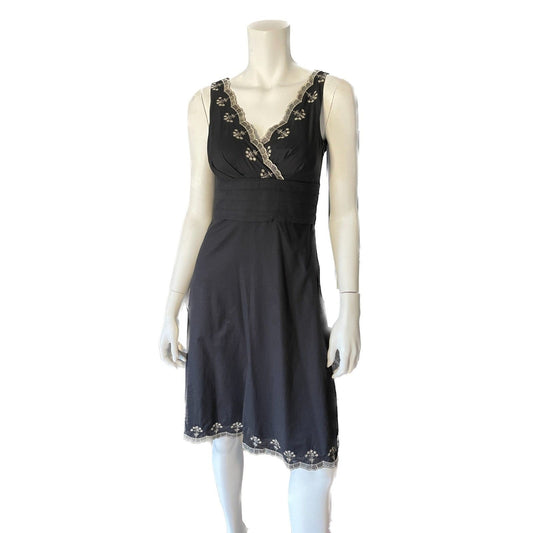 ANN TAYLOR 100% Cotton Black w/Gold Embroidered Sleeveless Dress, Size 2P0