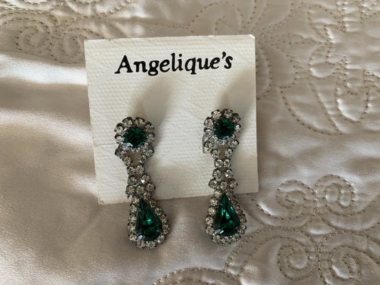 Vintage Green & Rhinestone pierced drop earrings0