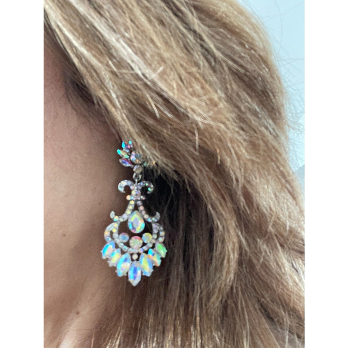 Long Silver Aurora Borealis Austrian Crystal Pageant Earrings 2.75 inches3