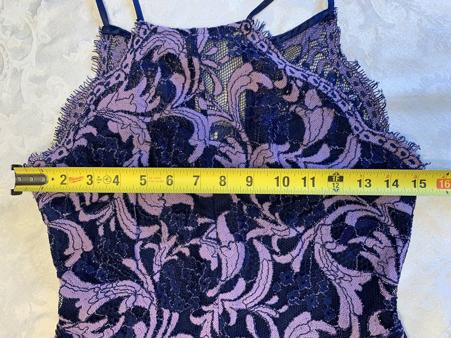 FRANCESCA’S lace halter dress in purple and blue10