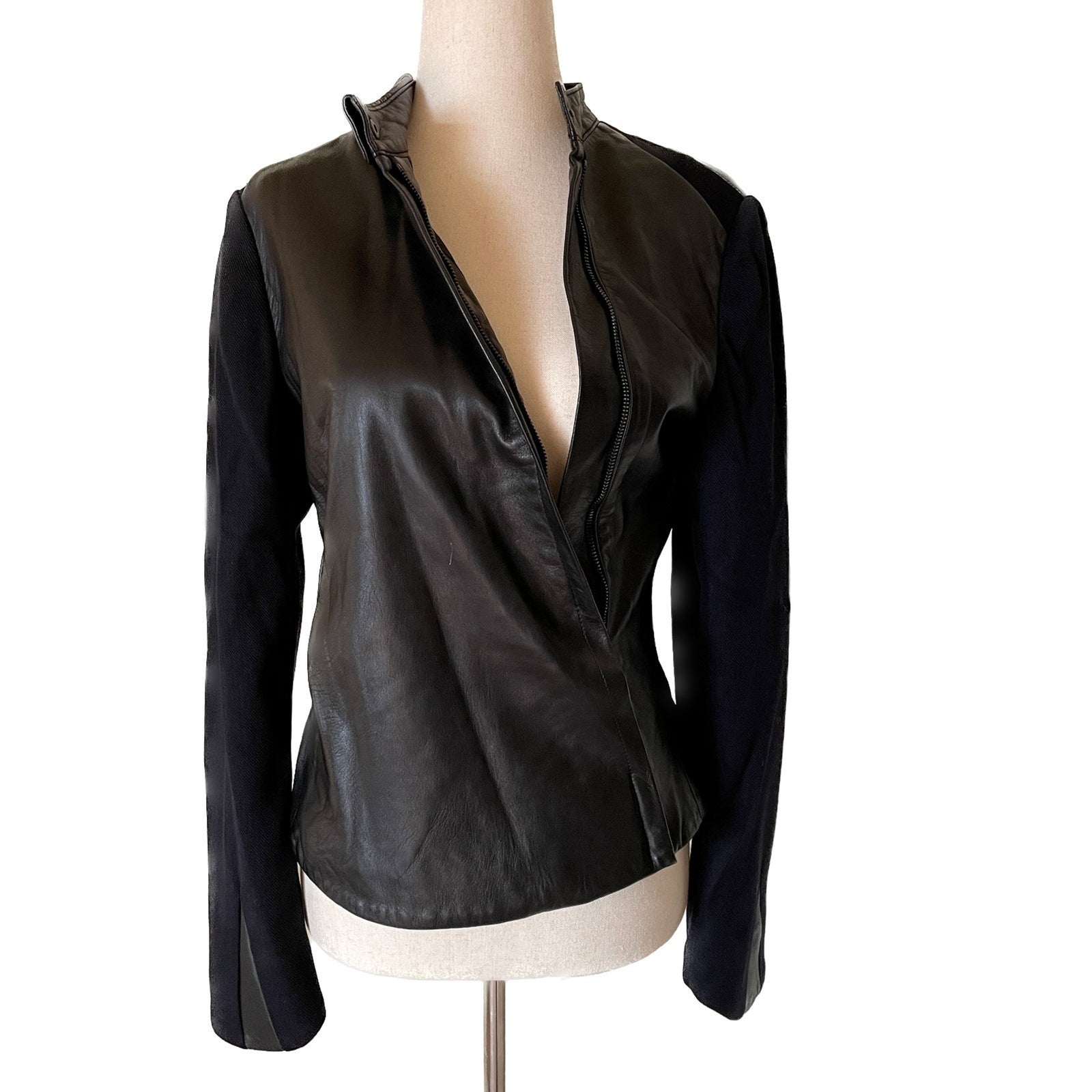 RAG & BONE Black Leather Jacket Asymmetrical Zipper, Wool Sleeves, Size 60