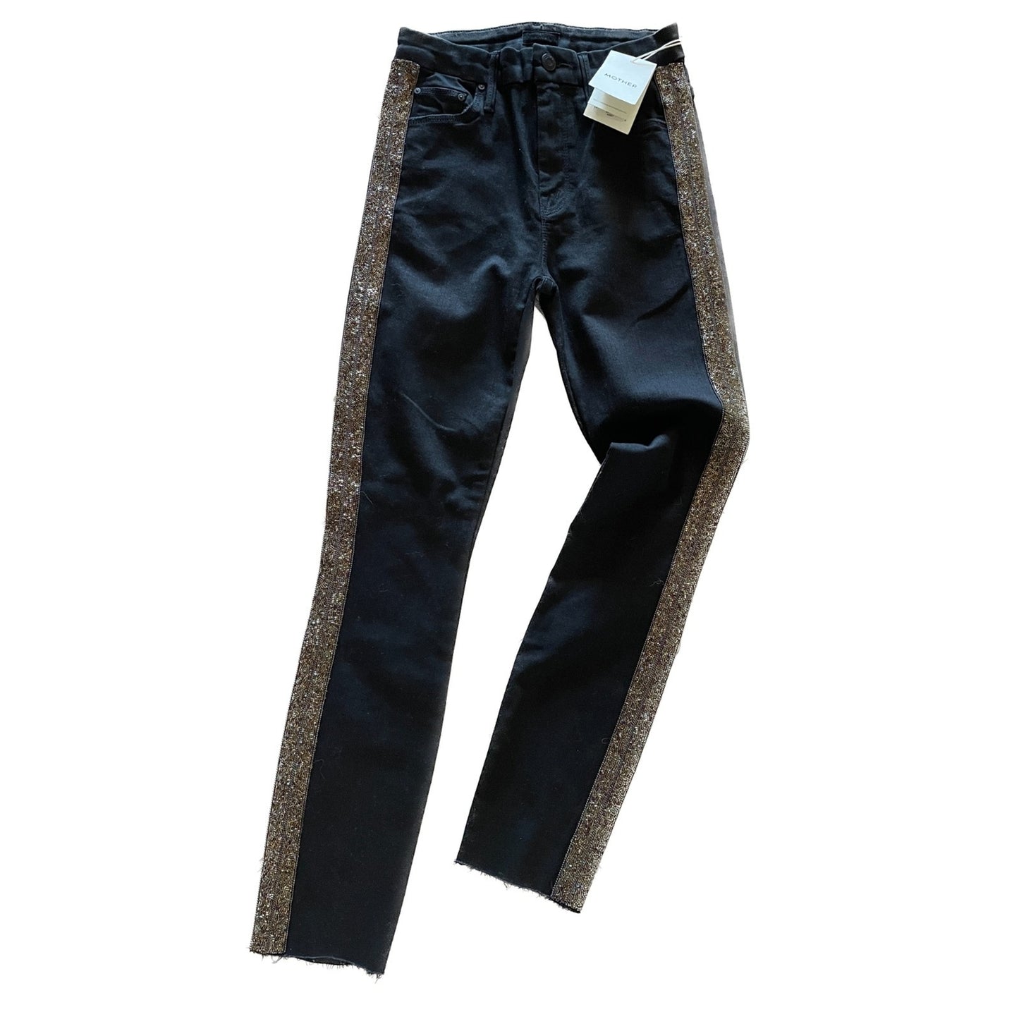 MOTHER New Black Guilty Flash Jeans with Tuxedo Sequin Beaded Stripe, Size 240