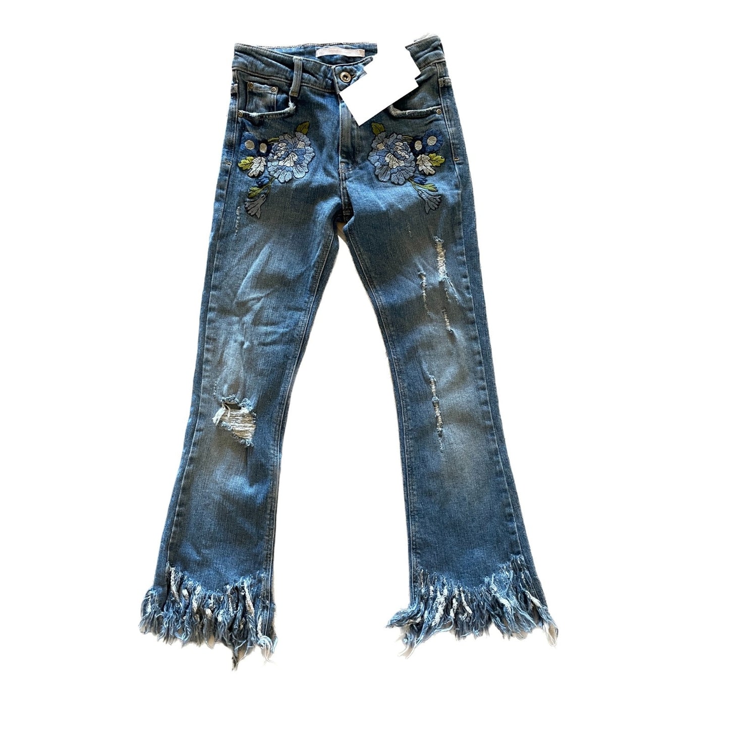 ZARA TRAFALUC New Jeans w/Embroidered Flowers and Frayed Ankles, Size US 00