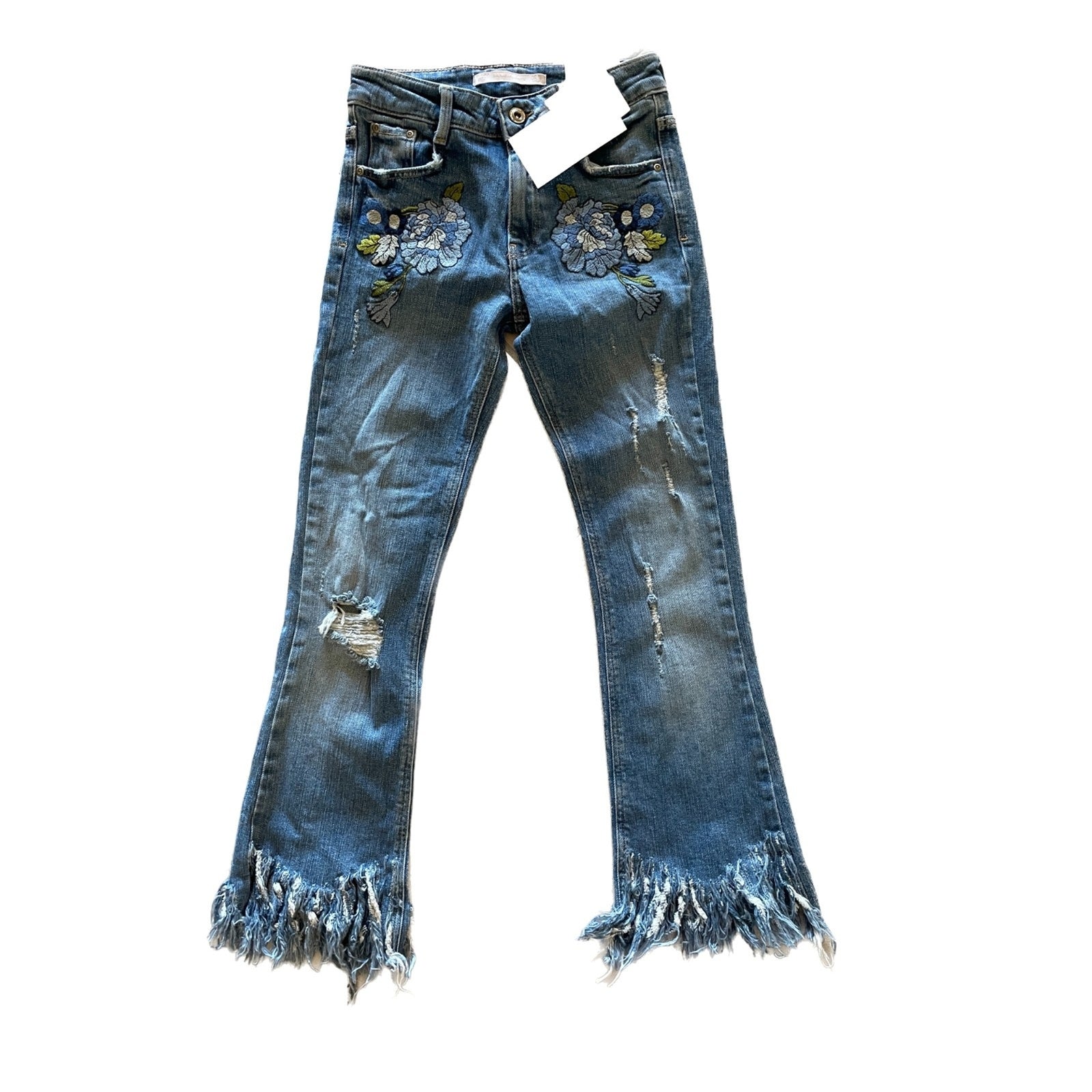 ZARA TRAFALUC New Jeans w/Embroidered Flowers and Frayed Ankles, Size US 00