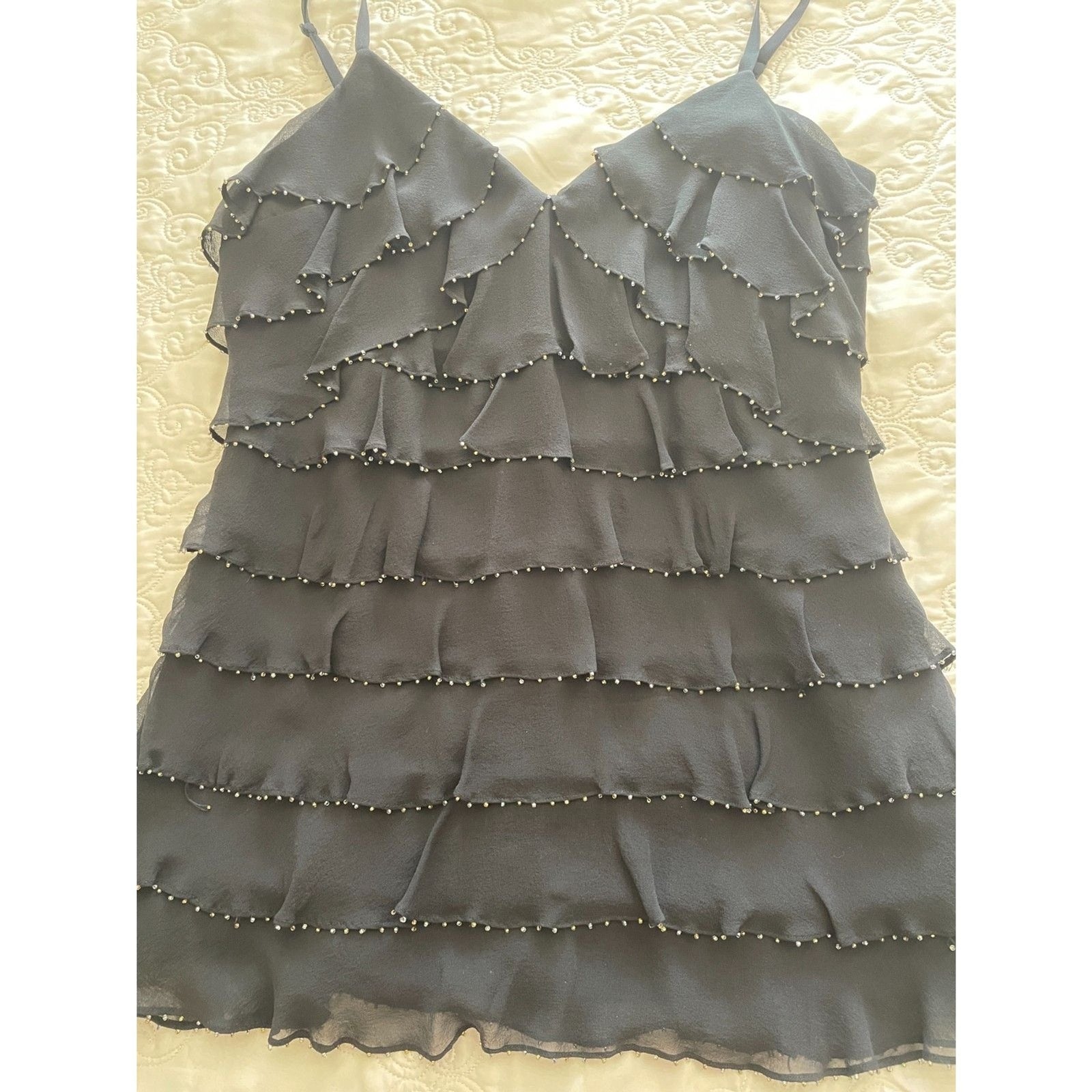 INC INTERNATIONAL CONCEPTS New 100% Silk Black Beaded Ruffle Camisole Tank, Sz 48