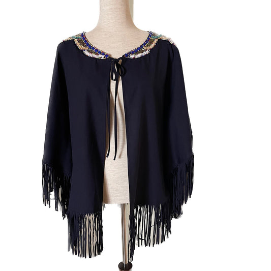 ALBERTO MAKALI Navy Blue Beaded Cape Poncho with Fringe, Size Medium0