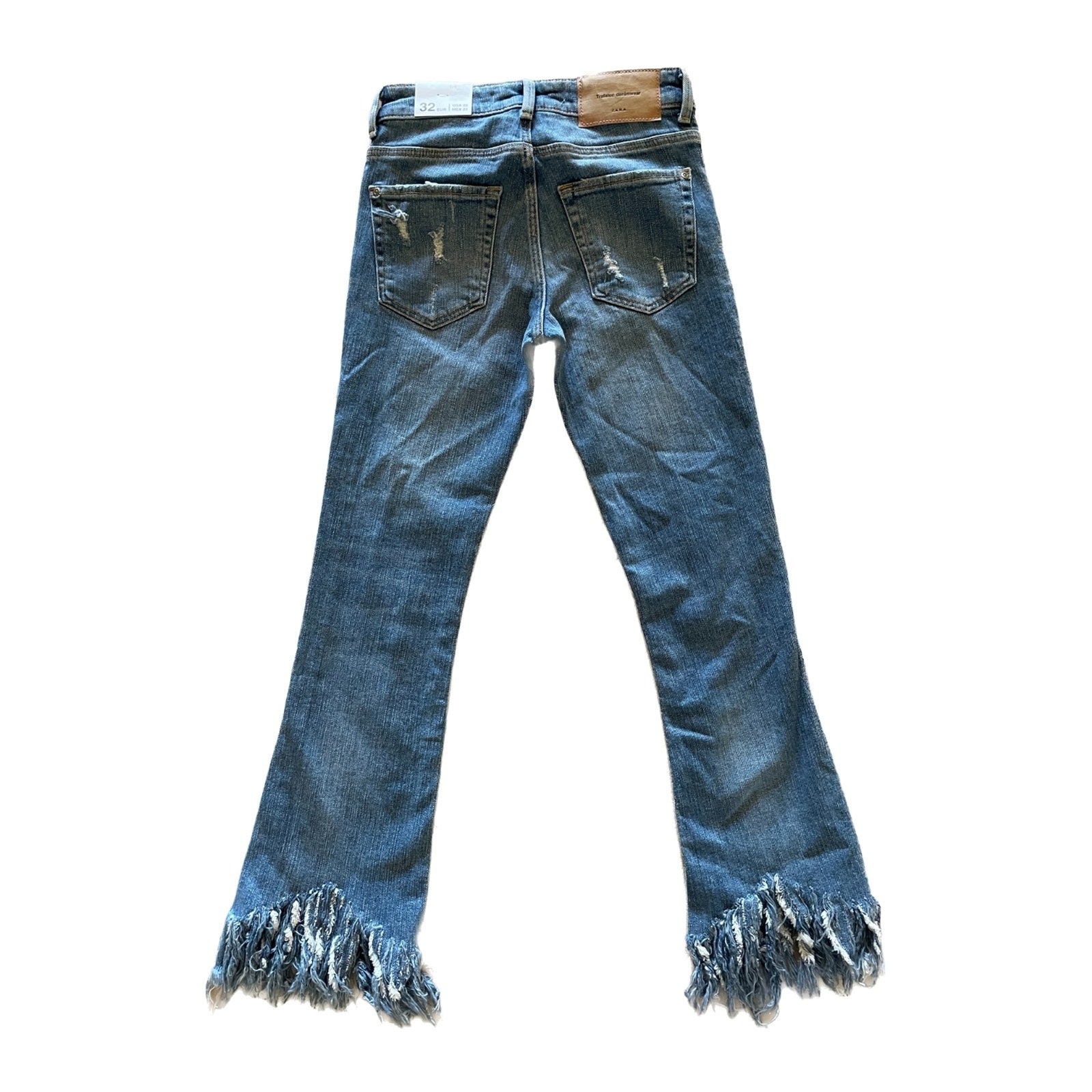 ZARA TRAFALUC New Jeans w/Embroidered Flowers and Frayed Ankles, Size US 01