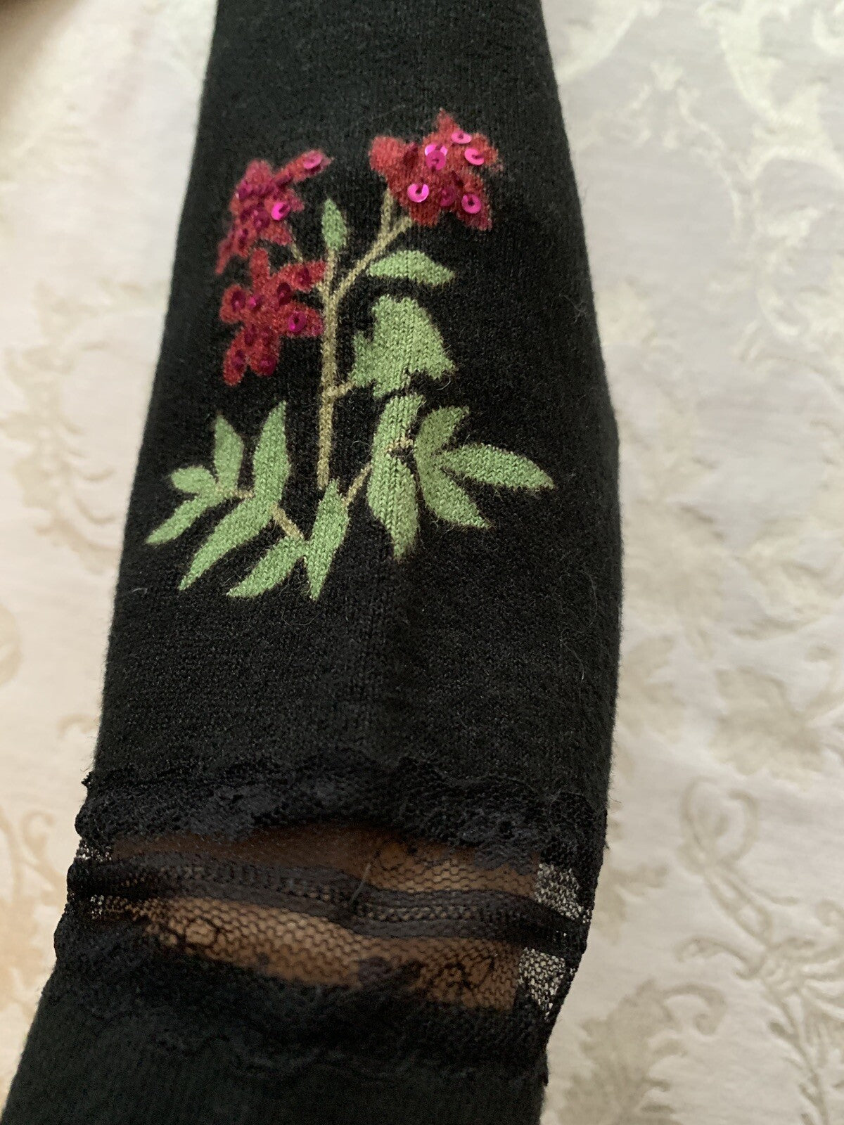 Black Lace Cotton Blend Sweater sequence flowers, Size M/L10