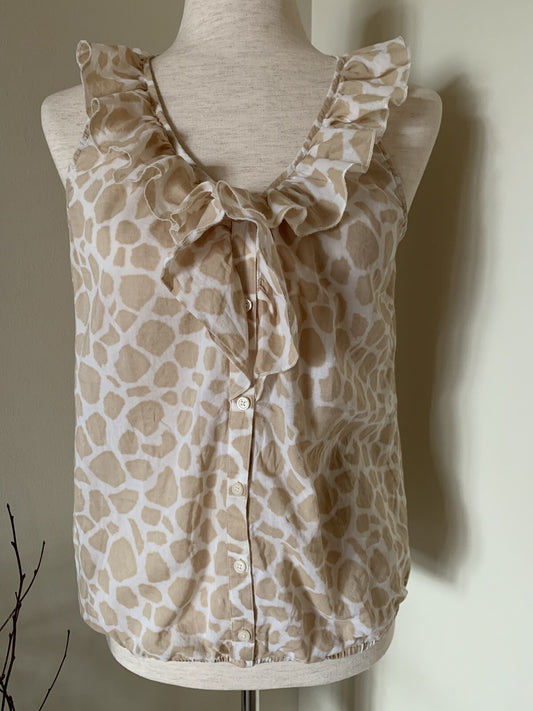 LOFT 100% Cotton Tank, Tan & White Animal Print with Ruffles0