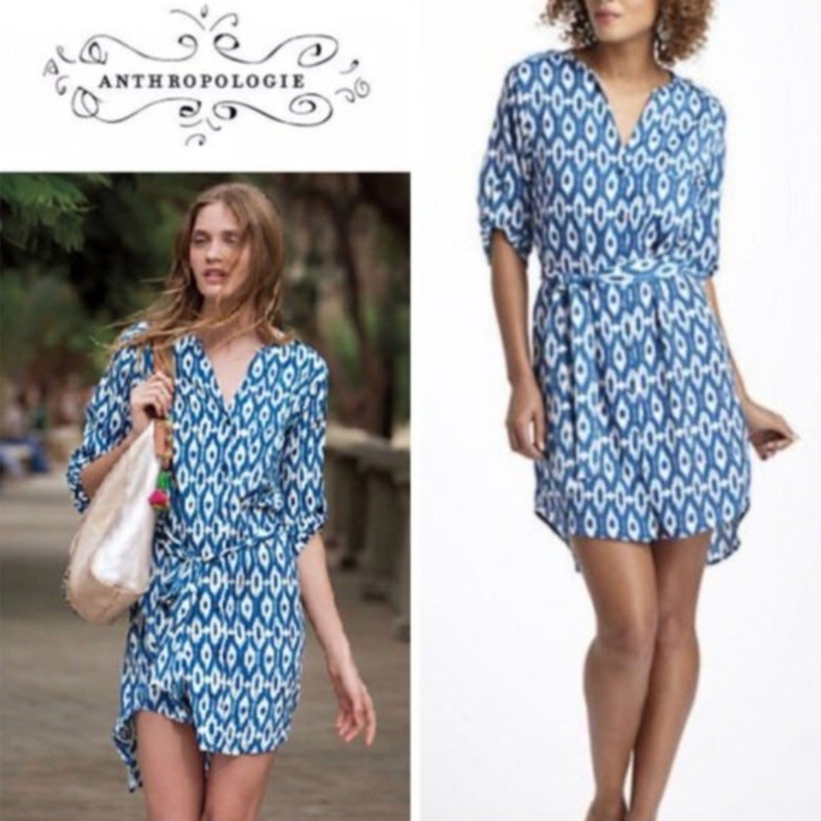 MAEVE Anthropologie Blue and White Aztec Shirt Dress, Size Small0