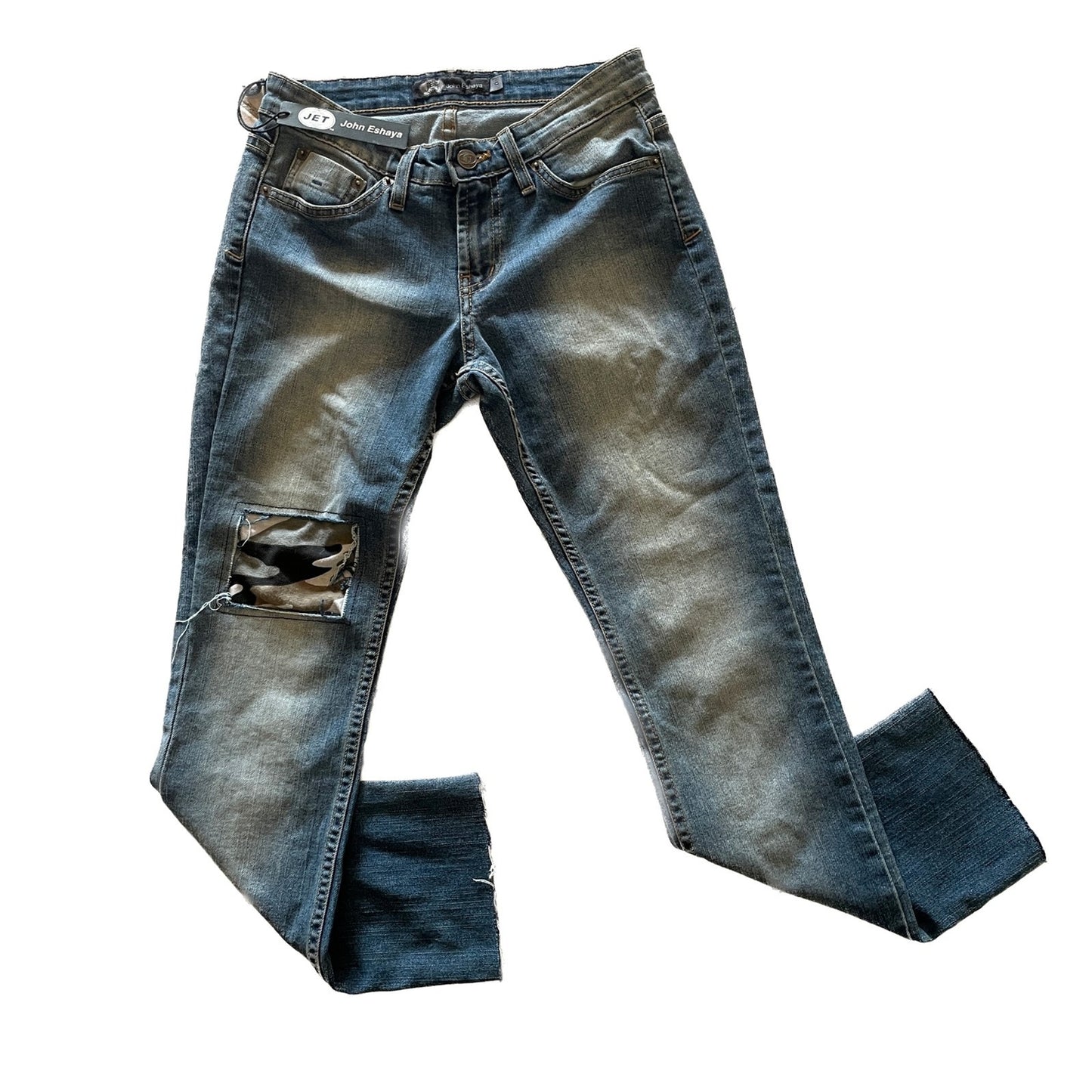 JET John Eshaya New Medium Wash Denim Jeans, camouflage knees, Size 00