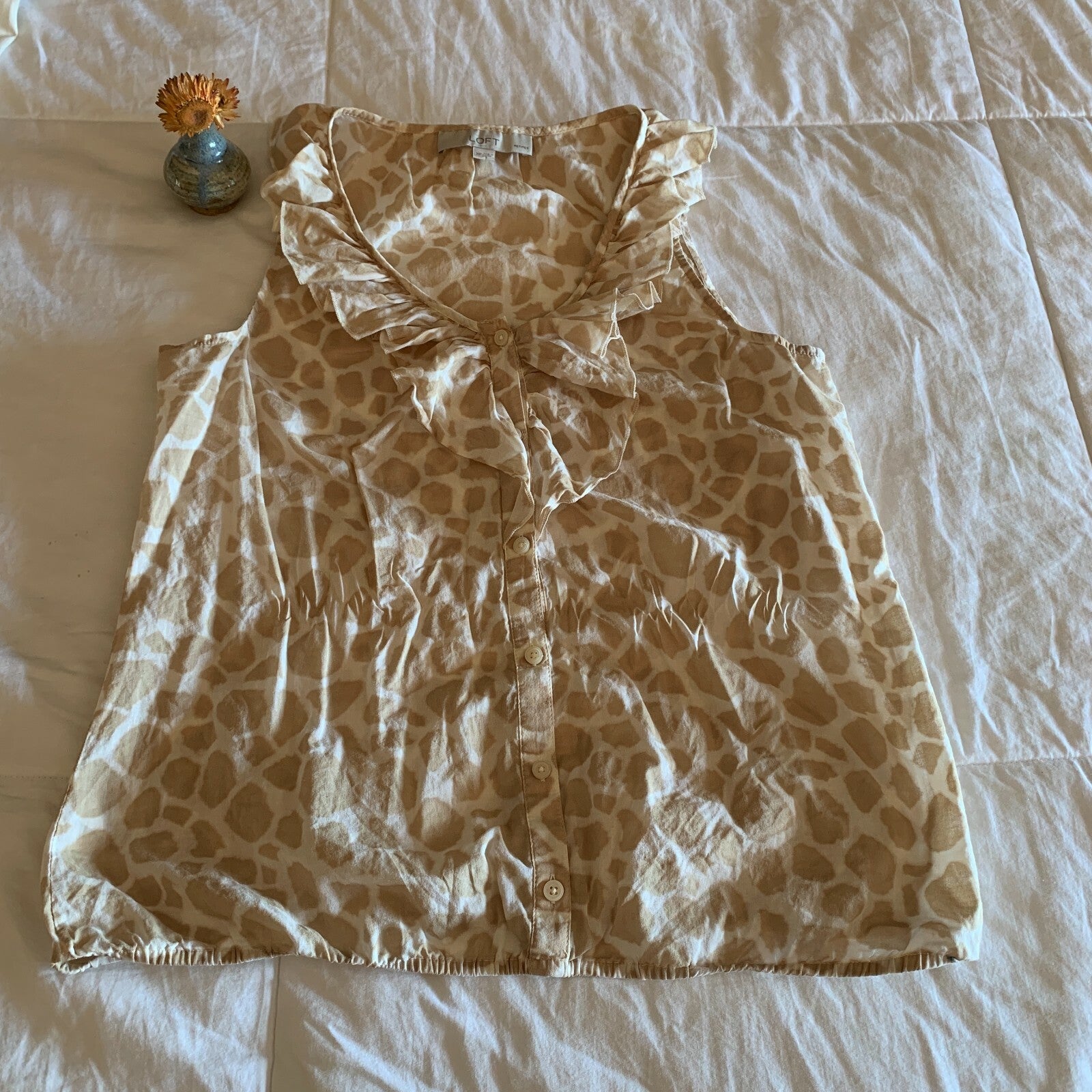 LOFT 100% Cotton Tank, Tan & White Animal Print with Ruffles1