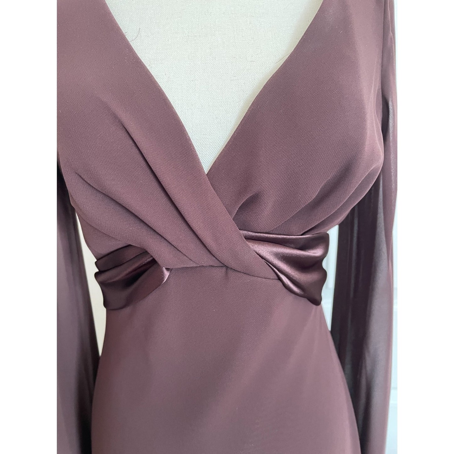 LIZ CLAIRBORNE Chocolate Brown Sheer Dress with Satin Sash Bow, Size 44