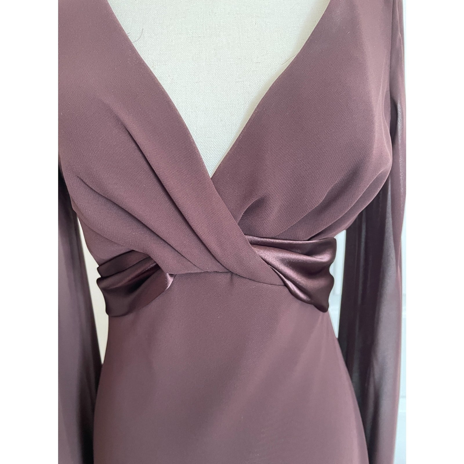 LIZ CLAIRBORNE Chocolate Brown Sheer Dress with Satin Sash Bow, Size 44