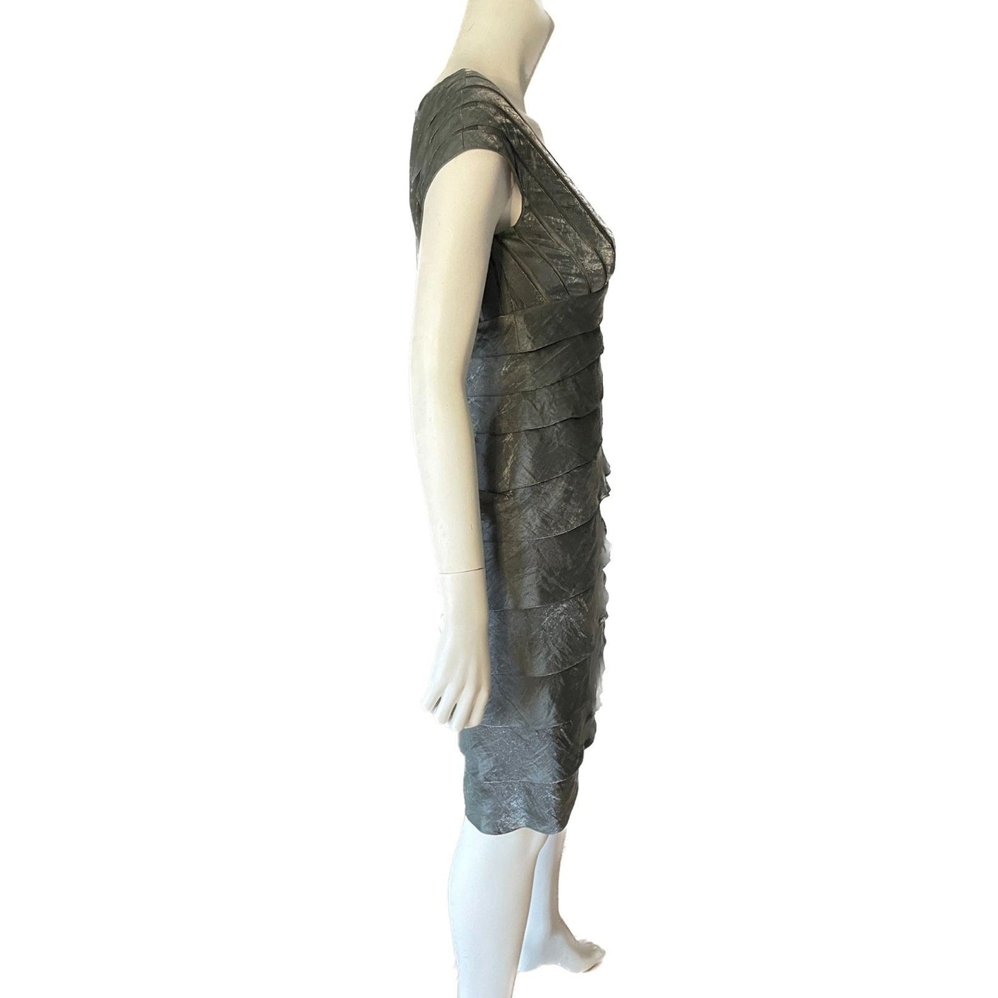 CACHE NWOT Metallic Silver Shutter Pleat Sheath Dress, Size 22