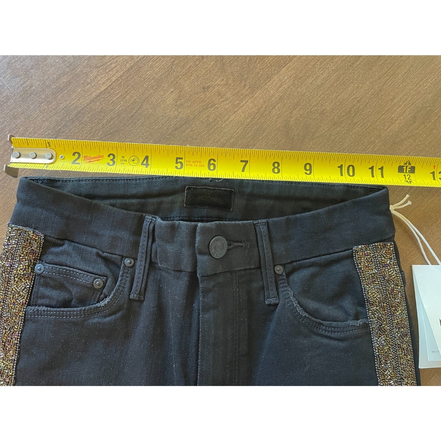 MOTHER New Black Guilty Flash Jeans with Tuxedo Sequin Beaded Stripe, Size 249