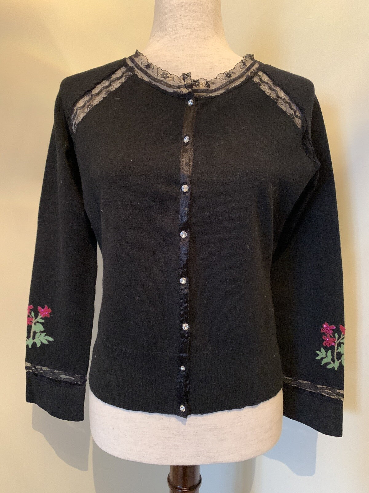 Black Lace Cotton Blend Sweater sequence flowers, Size M/L1