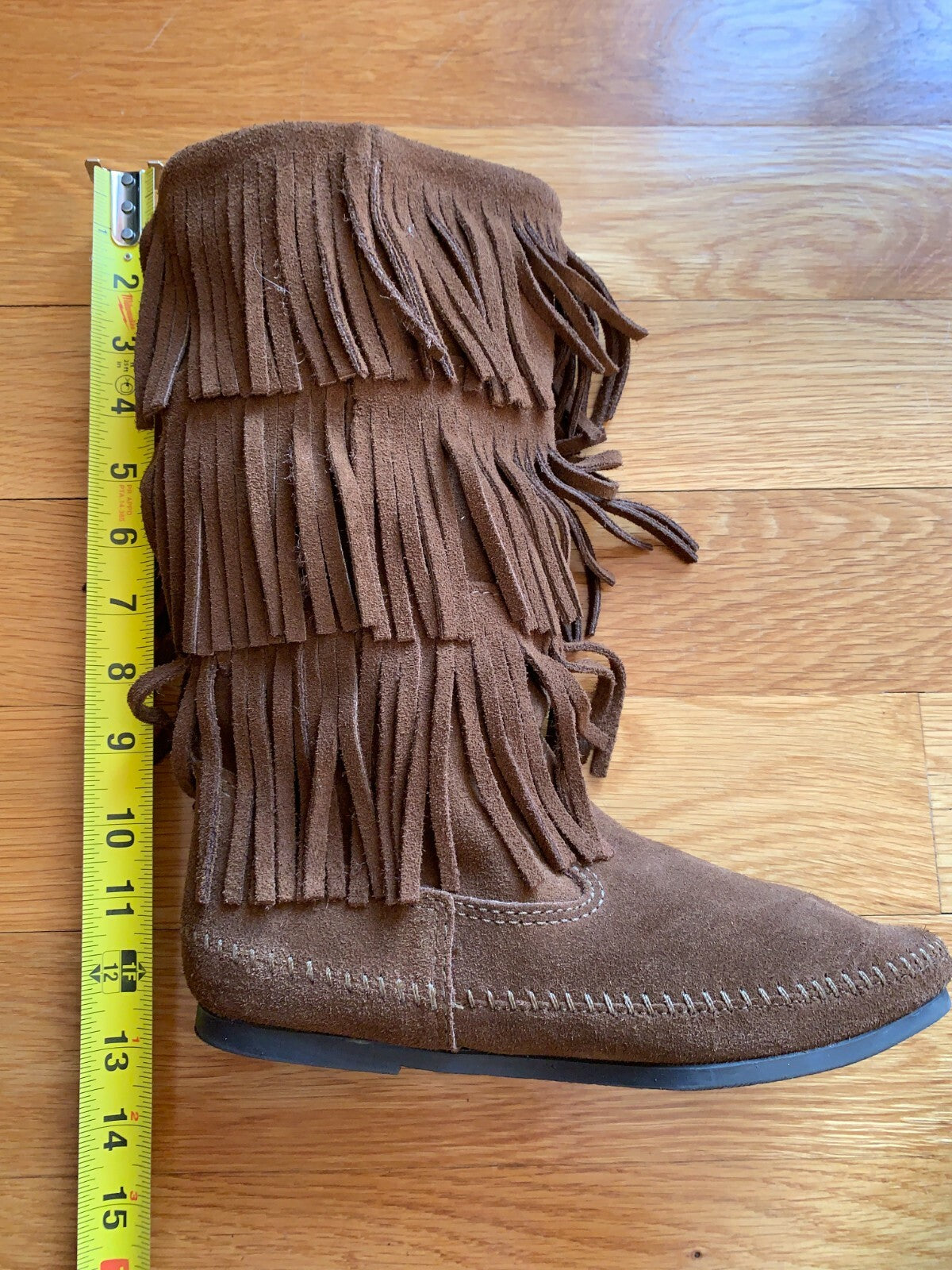 MINNETONKA Brown Suede Three Layer Fringe Boots, Size 79