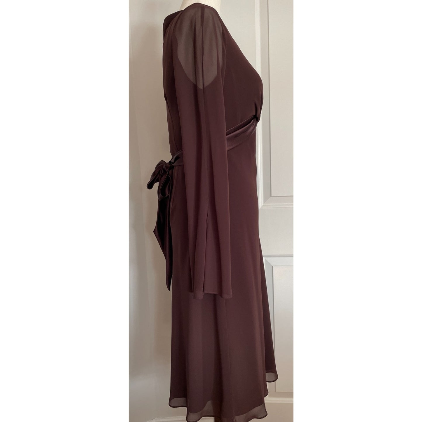 LIZ CLAIRBORNE Chocolate Brown Sheer Dress with Satin Sash Bow, Size 41
