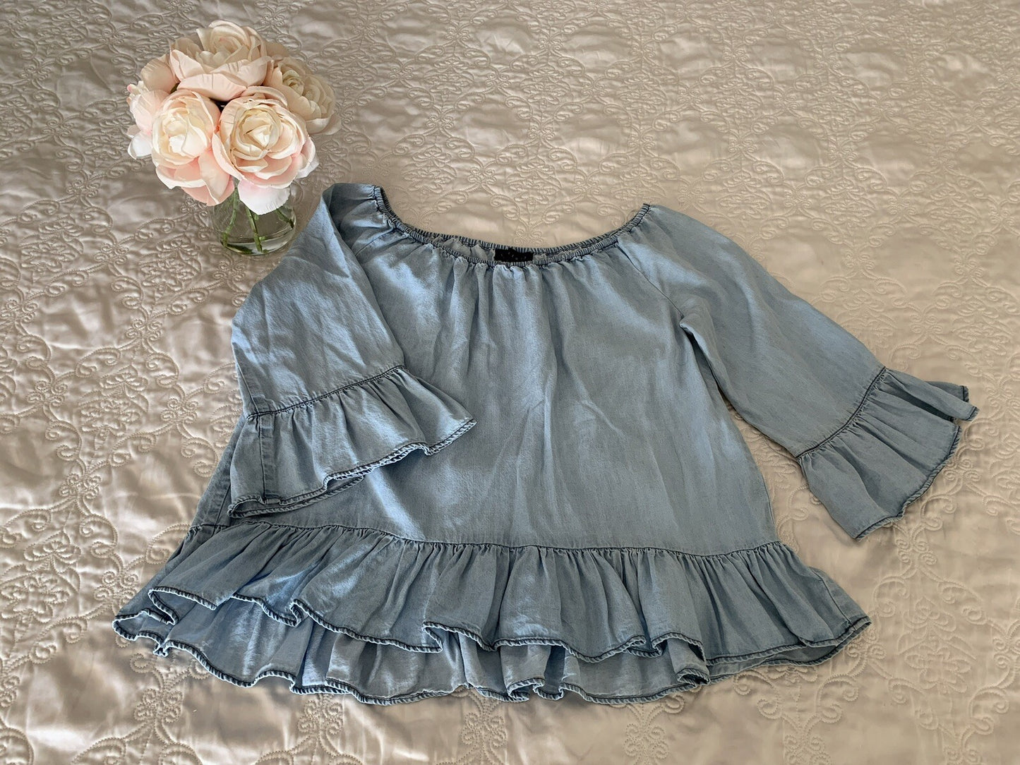SANCTUARY Charlotte Blue Chambray Peasant-Style Top, Size M4