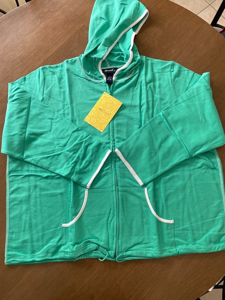 DENIM & CO New Jade Green % Cotton Hoodie w/White Trim and Pockets, Size 3X7