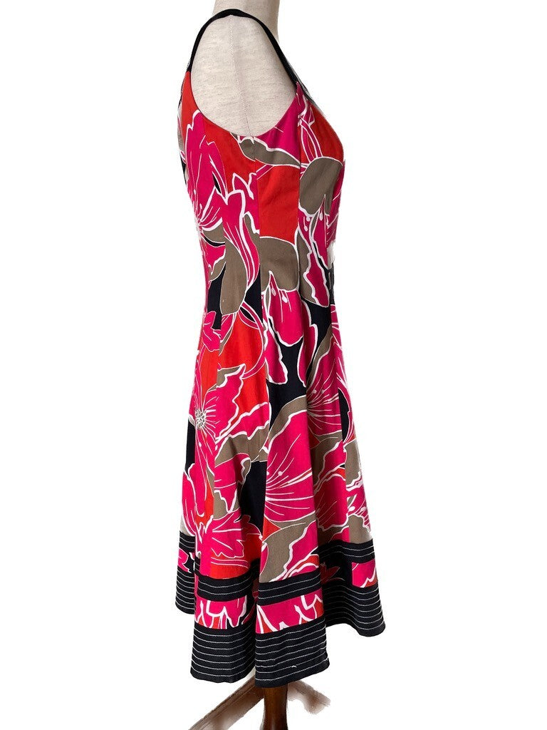 NINE WEST Red, Black Bold Floral Fit Flare Cotton Sleeveless Dress, Size 41