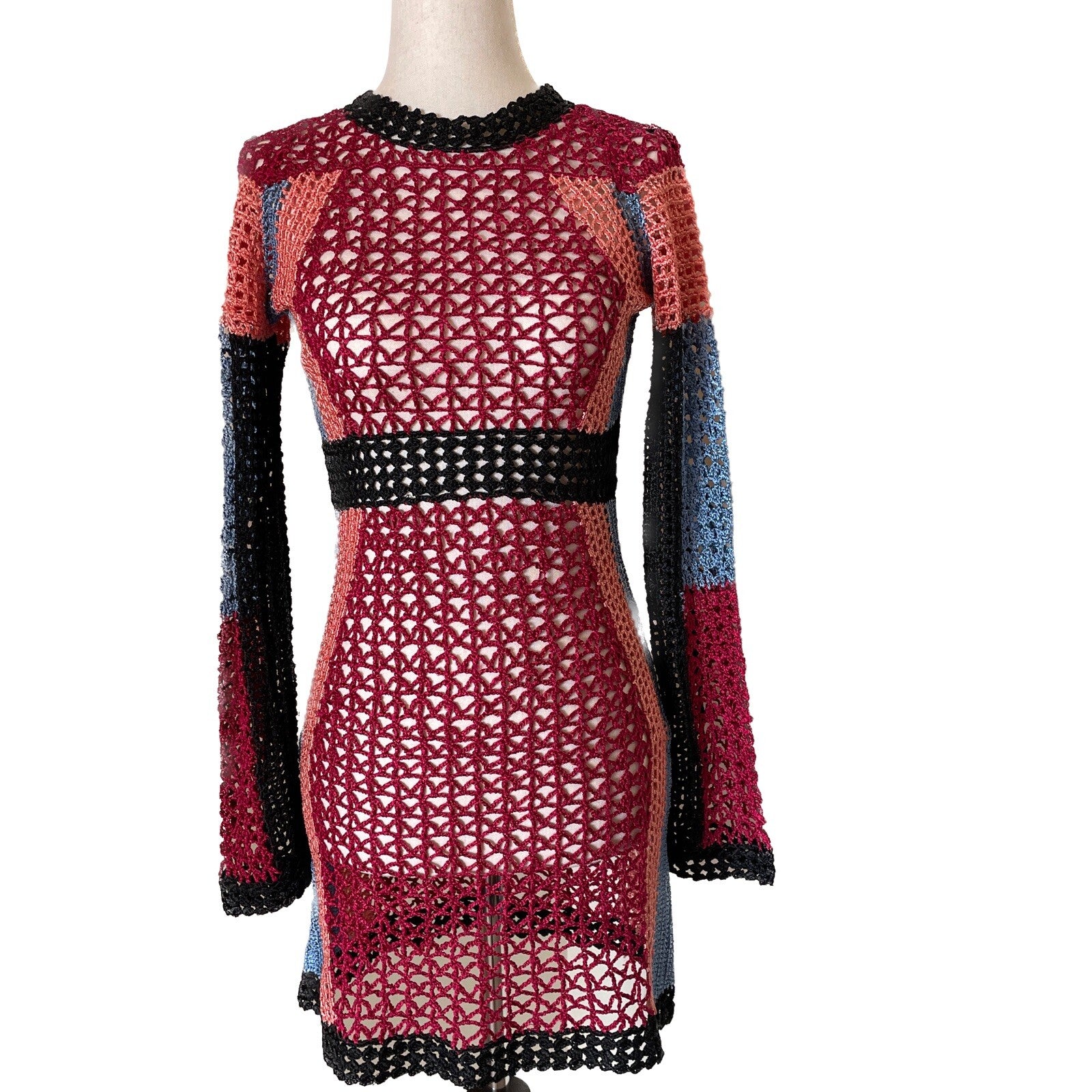BEBE Colorful Crochet Knit Long Sleeve Mini Dress, Size XS0